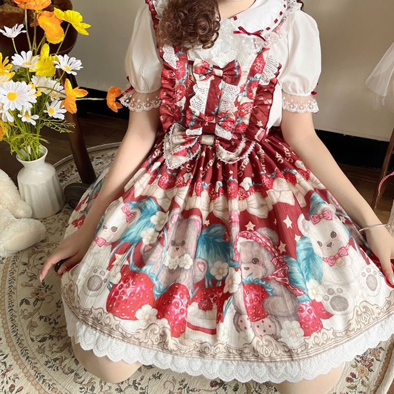Sweet Lolita Pink Red Printed Strawberry Bear Dress Jumper Skirt
