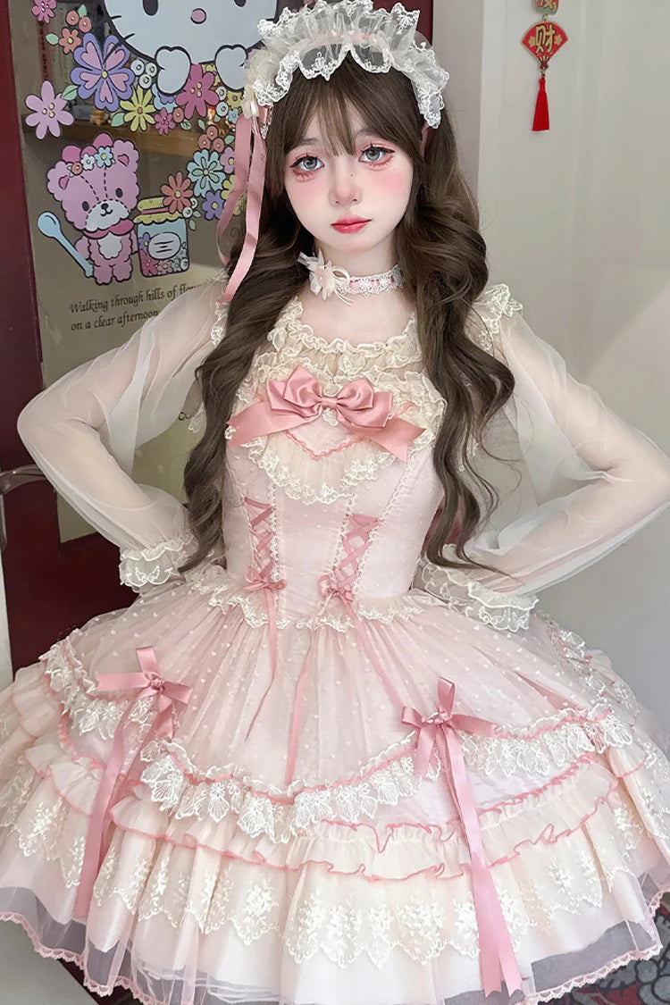 The Pink Sleeveless JSK Dress is designed to embody the dreamy charm of Sweet Lolita fashion. Featuring layered ruffles, delicate lace trim, and graceful bow accents, it creates a romantic and youthful silhouette. The lace-up detail adds both adjustability and elegance, ensuring a flattering fit. In a soft pink hue, this dress radiates sweetness and femininity, making it perfect for tea parties, gatherings, or special occasions where timeless Lolita beauty shines.