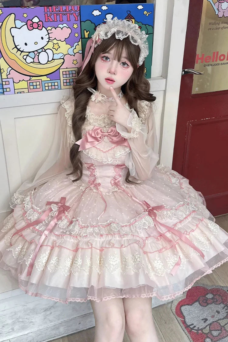The Pink Sleeveless JSK Dress is designed to embody the dreamy charm of Sweet Lolita fashion. Featuring layered ruffles, delicate lace trim, and graceful bow accents, it creates a romantic and youthful silhouette. The lace-up detail adds both adjustability and elegance, ensuring a flattering fit. In a soft pink hue, this dress radiates sweetness and femininity, making it perfect for tea parties, gatherings, or special occasions where timeless Lolita beauty shines.