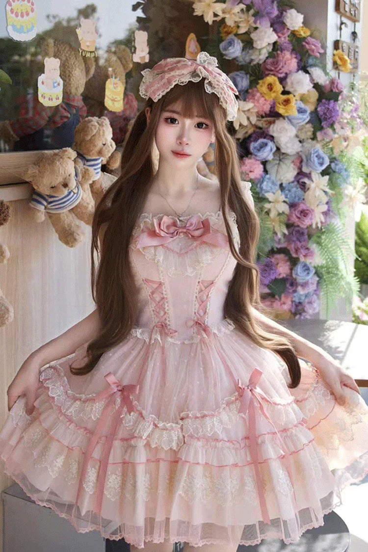 The Pink Sleeveless JSK Dress is designed to embody the dreamy charm of Sweet Lolita fashion. Featuring layered ruffles, delicate lace trim, and graceful bow accents, it creates a romantic and youthful silhouette. The lace-up detail adds both adjustability and elegance, ensuring a flattering fit. In a soft pink hue, this dress radiates sweetness and femininity, making it perfect for tea parties, gatherings, or special occasions where timeless Lolita beauty shines.