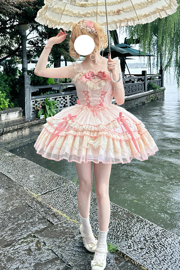 The Pink Sleeveless JSK Dress is designed to embody the dreamy charm of Sweet Lolita fashion. Featuring layered ruffles, delicate lace trim, and graceful bow accents, it creates a romantic and youthful silhouette. The lace-up detail adds both adjustability and elegance, ensuring a flattering fit. In a soft pink hue, this dress radiates sweetness and femininity, making it perfect for tea parties, gatherings, or special occasions where timeless Lolita beauty shines.