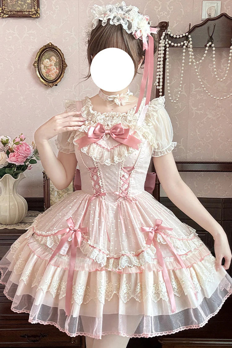 The Pink Sleeveless JSK Dress is designed to embody the dreamy charm of Sweet Lolita fashion. Featuring layered ruffles, delicate lace trim, and graceful bow accents, it creates a romantic and youthful silhouette. The lace-up detail adds both adjustability and elegance, ensuring a flattering fit. In a soft pink hue, this dress radiates sweetness and femininity, making it perfect for tea parties, gatherings, or special occasions where timeless Lolita beauty shines.