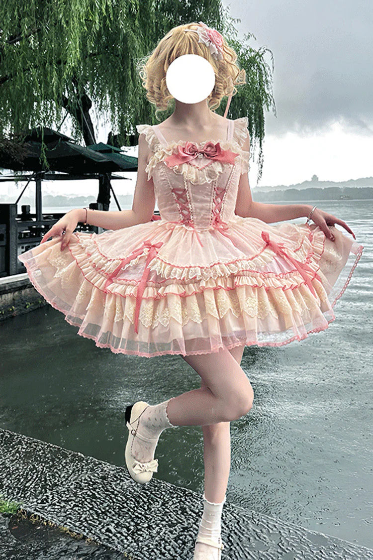 The Pink Sleeveless JSK Dress is designed to embody the dreamy charm of Sweet Lolita fashion. Featuring layered ruffles, delicate lace trim, and graceful bow accents, it creates a romantic and youthful silhouette. The lace-up detail adds both adjustability and elegance, ensuring a flattering fit. In a soft pink hue, this dress radiates sweetness and femininity, making it perfect for tea parties, gatherings, or special occasions where timeless Lolita beauty shines.