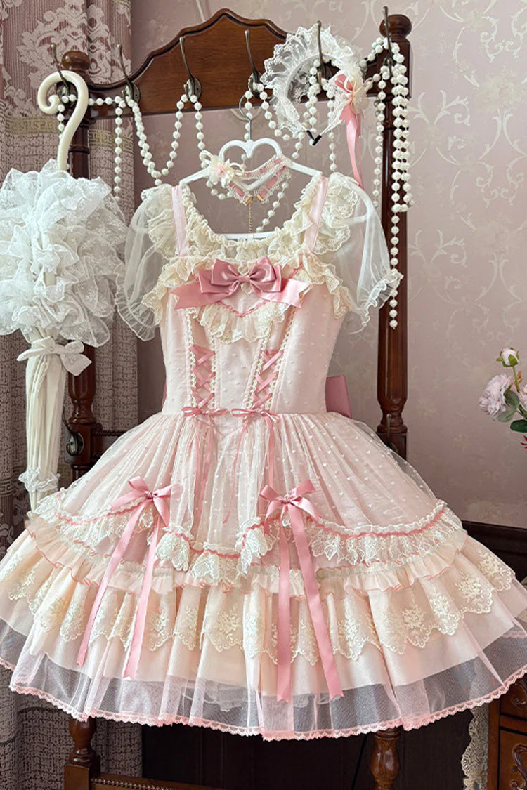 The Pink Sleeveless JSK Dress is designed to embody the dreamy charm of Sweet Lolita fashion. Featuring layered ruffles, delicate lace trim, and graceful bow accents, it creates a romantic and youthful silhouette. The lace-up detail adds both adjustability and elegance, ensuring a flattering fit. In a soft pink hue, this dress radiates sweetness and femininity, making it perfect for tea parties, gatherings, or special occasions where timeless Lolita beauty shines.
