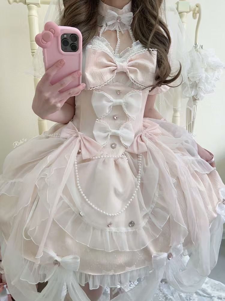 Sweet Lolita Pink Small Flower Wedding Dress Sweetheart Short Sleeve OP