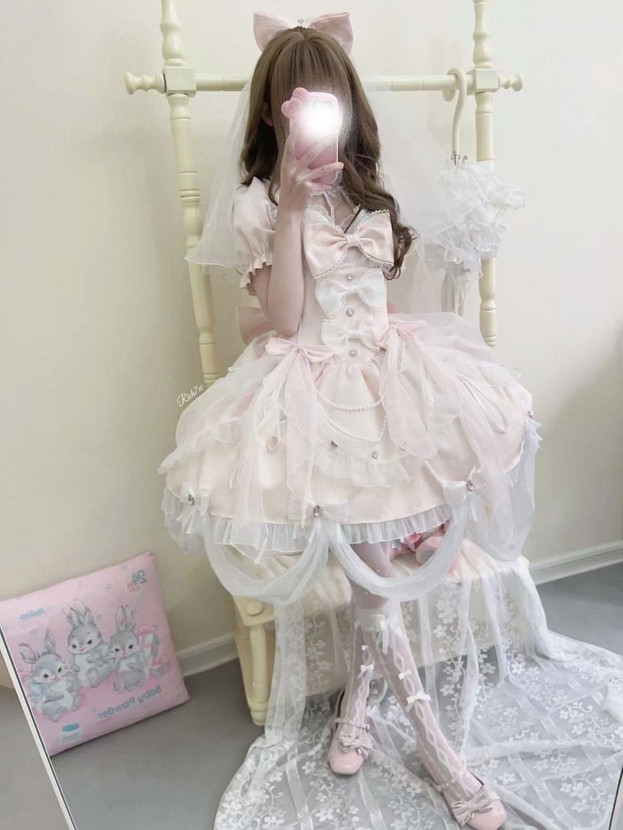 Sweet Lolita Pink Small Flower Wedding Dress Sweetheart Short Sleeve OP