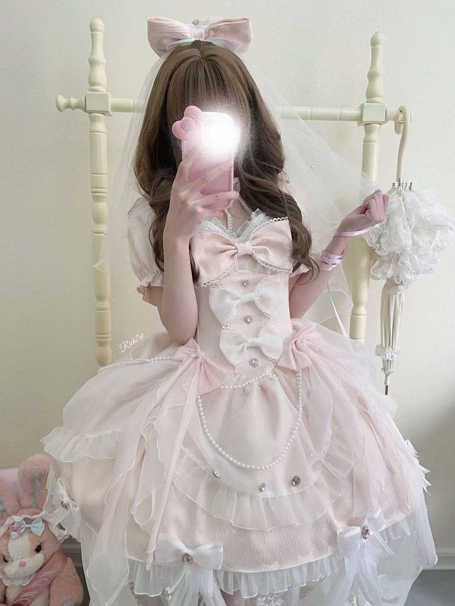 Sweet Lolita Pink Small Flower Wedding Dress Sweetheart Short Sleeve OP