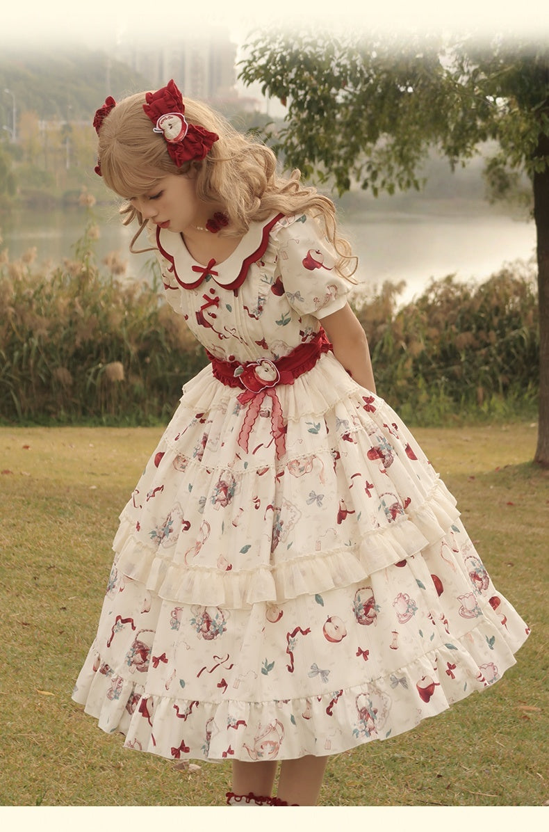 Sweet Lolita Cream White Strawberry Idyllic Printed Short Sleeved Ruffle Dress One Piece
