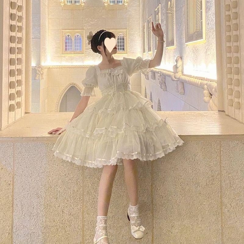 Hime Lolita Apricot Princess Dress for White Wedding Elegant Dress