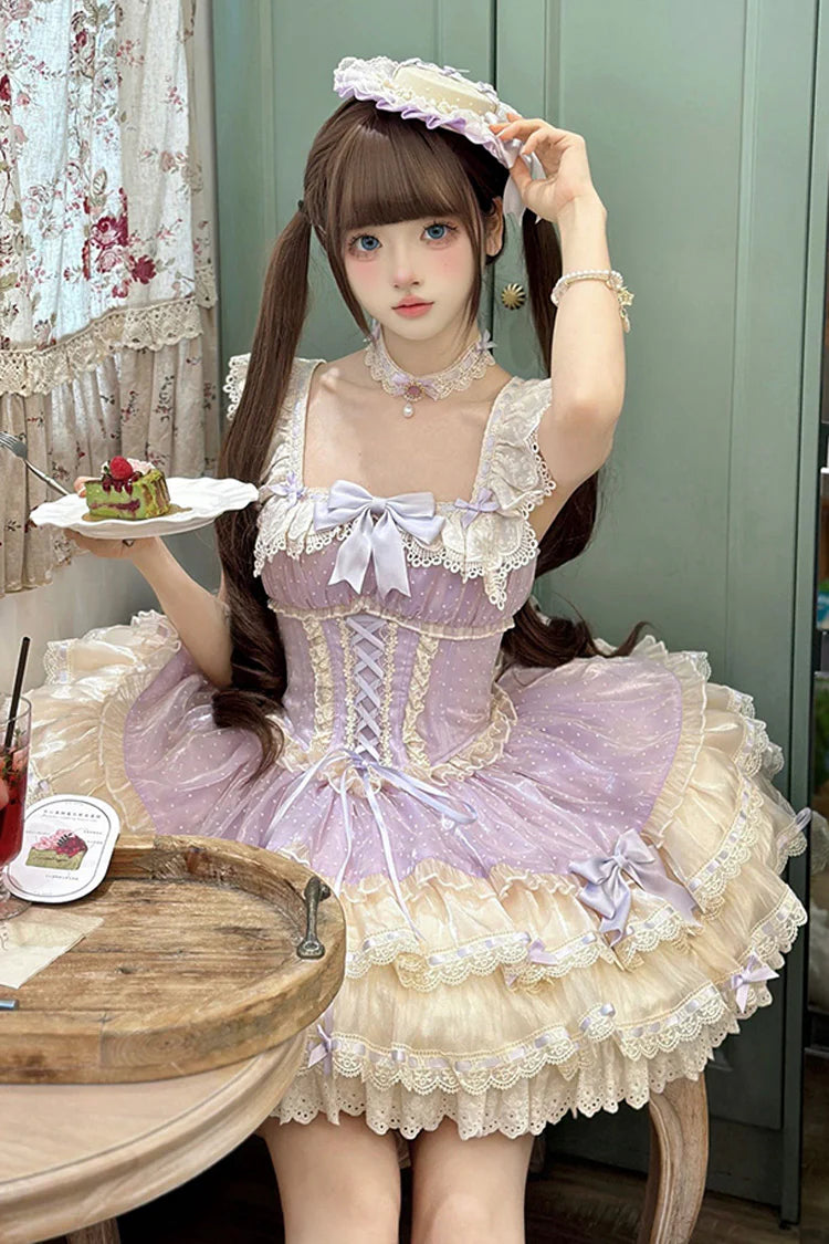 The Purple Ballet Lolita JSK Dress is designed to combine elegance with dreamy sweetness. Featuring double-layered ruffles, delicate lace, and graceful bowknot accents, it creates a soft yet voluminous silhouette reminiscent of a ballerina’s charm. The lace-up detail ensures adjustability and a flattering fit, while the purple hue adds a romantic, fairytale-like touch. Perfect for tea parties, performances, or special gatherings, this dress reflects the refined beauty of Ballet Lolita fashion.