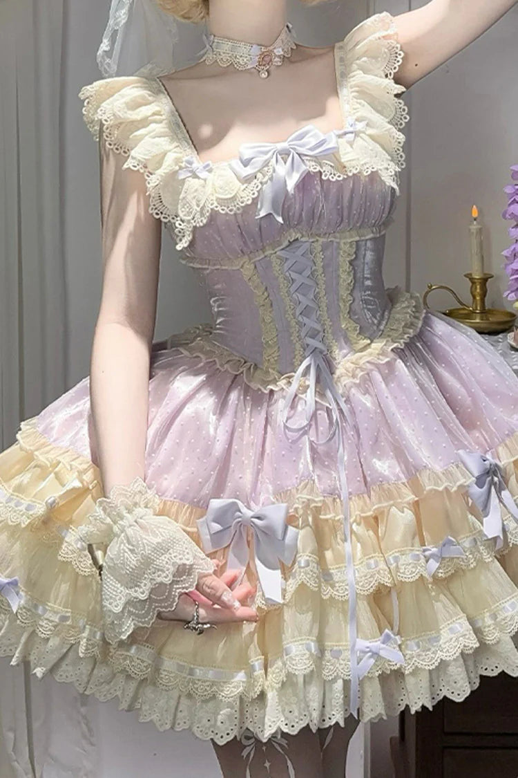 The Purple Ballet Lolita JSK Dress is designed to combine elegance with dreamy sweetness. Featuring double-layered ruffles, delicate lace, and graceful bowknot accents, it creates a soft yet voluminous silhouette reminiscent of a ballerina’s charm. The lace-up detail ensures adjustability and a flattering fit, while the purple hue adds a romantic, fairytale-like touch. Perfect for tea parties, performances, or special gatherings, this dress reflects the refined beauty of Ballet Lolita fashion.
