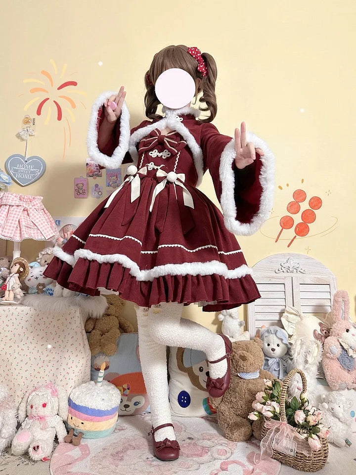 Sweet Lolita Red Pink Christmas Lolita Autumn and Winter Two-piece Velvet Dress Set Cape Lolita Coats
