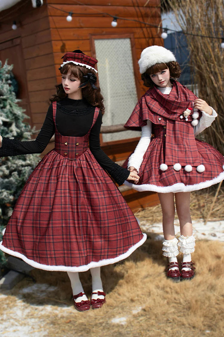 Embrace the warmth and charm of the autumn and winter seasons with this striking red striped plaid Lolita dress. Designed for cooler weather, the fitted corset silhouette accentuates the waist while providing timeless elegance. The subtle fishbone detailing adds a touch of whimsical storytelling, blending Sweet Lolita aesthetics with seasonal coziness. Perfect for holiday gatherings or crisp fall days, this piece combines playful patterns with sophisticated structure, making it a standout addition to any Lo
