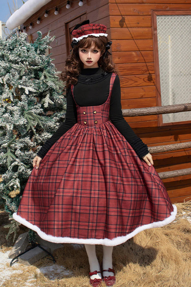 Embrace the warmth and charm of the autumn and winter seasons with this striking red striped plaid Lolita dress. Designed for cooler weather, the fitted corset silhouette accentuates the waist while providing timeless elegance. The subtle fishbone detailing adds a touch of whimsical storytelling, blending Sweet Lolita aesthetics with seasonal coziness. Perfect for holiday gatherings or crisp fall days, this piece combines playful patterns with sophisticated structure, making it a standout addition to any Lo
