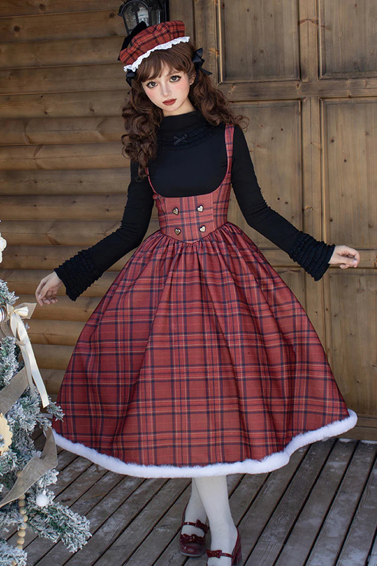 Embrace the warmth and charm of the autumn and winter seasons with this striking red striped plaid Lolita dress. Designed for cooler weather, the fitted corset silhouette accentuates the waist while providing timeless elegance. The subtle fishbone detailing adds a touch of whimsical storytelling, blending Sweet Lolita aesthetics with seasonal coziness. Perfect for holiday gatherings or crisp fall days, this piece combines playful patterns with sophisticated structure, making it a standout addition to any Lo