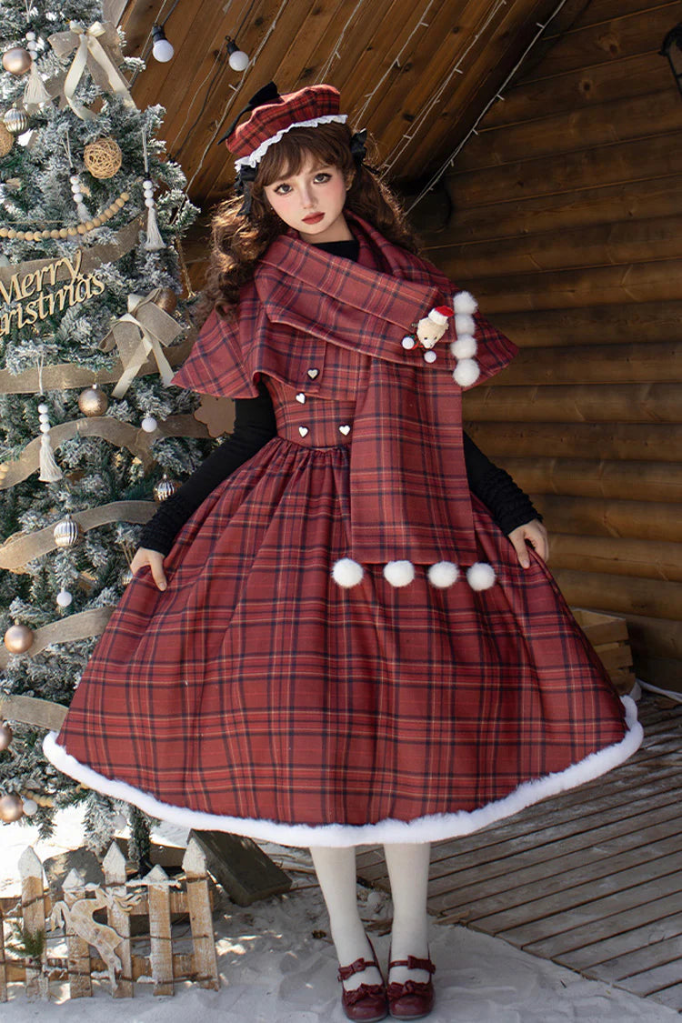 Embrace the warmth and charm of the autumn and winter seasons with this striking red striped plaid Lolita dress. Designed for cooler weather, the fitted corset silhouette accentuates the waist while providing timeless elegance. The subtle fishbone detailing adds a touch of whimsical storytelling, blending Sweet Lolita aesthetics with seasonal coziness. Perfect for holiday gatherings or crisp fall days, this piece combines playful patterns with sophisticated structure, making it a standout addition to any Lo