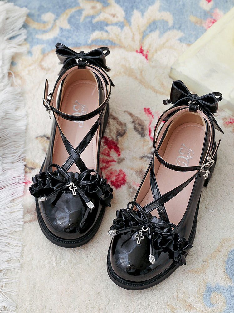 Lolita Shoes Sweet Black Glossy Mary Jane with Bow and Lace-Up Lace Japanese Low Heel