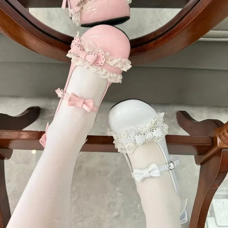 Sweet Lolita Shoes Blue and Pink Patented Leather Heels with Laces and Bows Sandwich Middle Heel 3CM