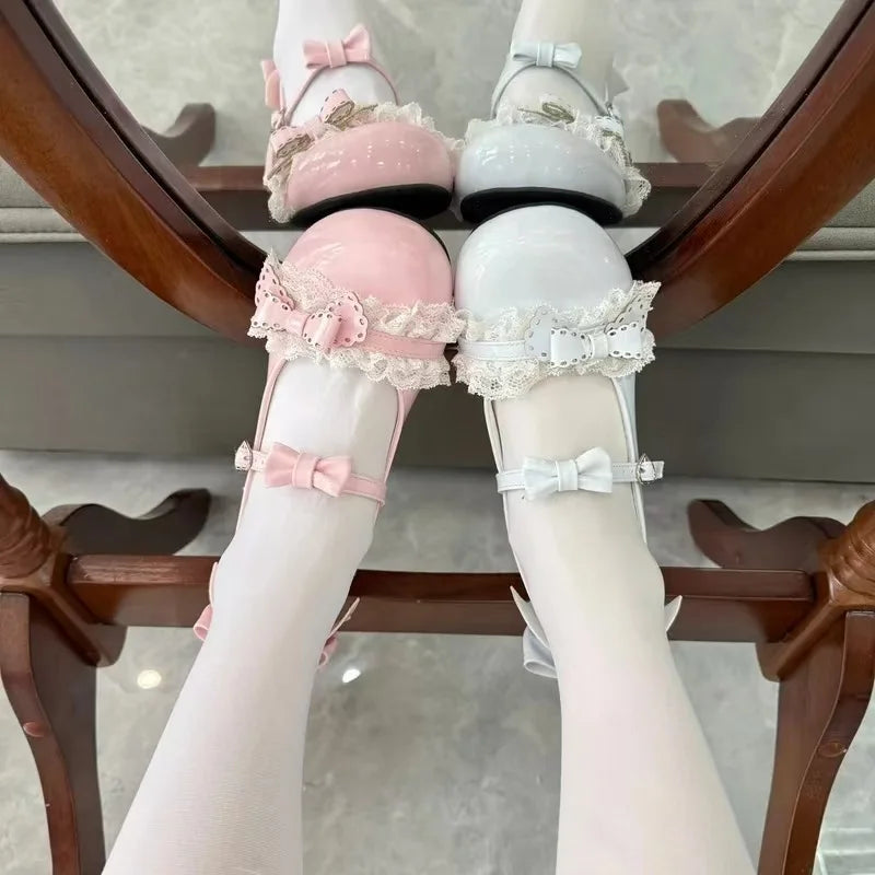 Sweet Lolita Shoes Blue and Pink Patented Leather Heels with Laces and Bows Sandwich Middle Heel 5CM