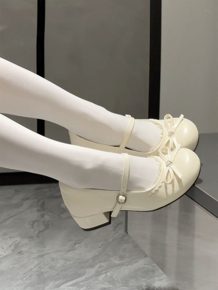 Sweet Lolita Shoes Cream Colored Bow and Ruffled Low-Heel Mary Jane Shoes