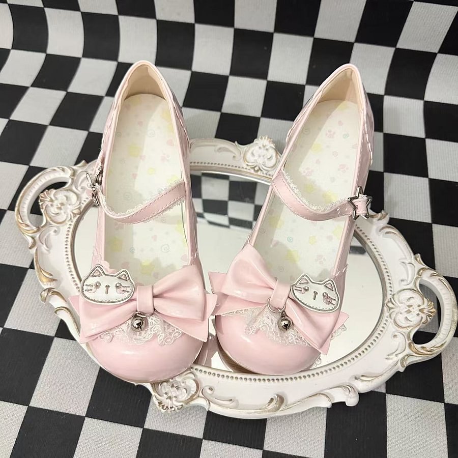 Sweet Lolita Shoes Pale White Black Cat Bow Mary Janes Round Head Lo Shoes