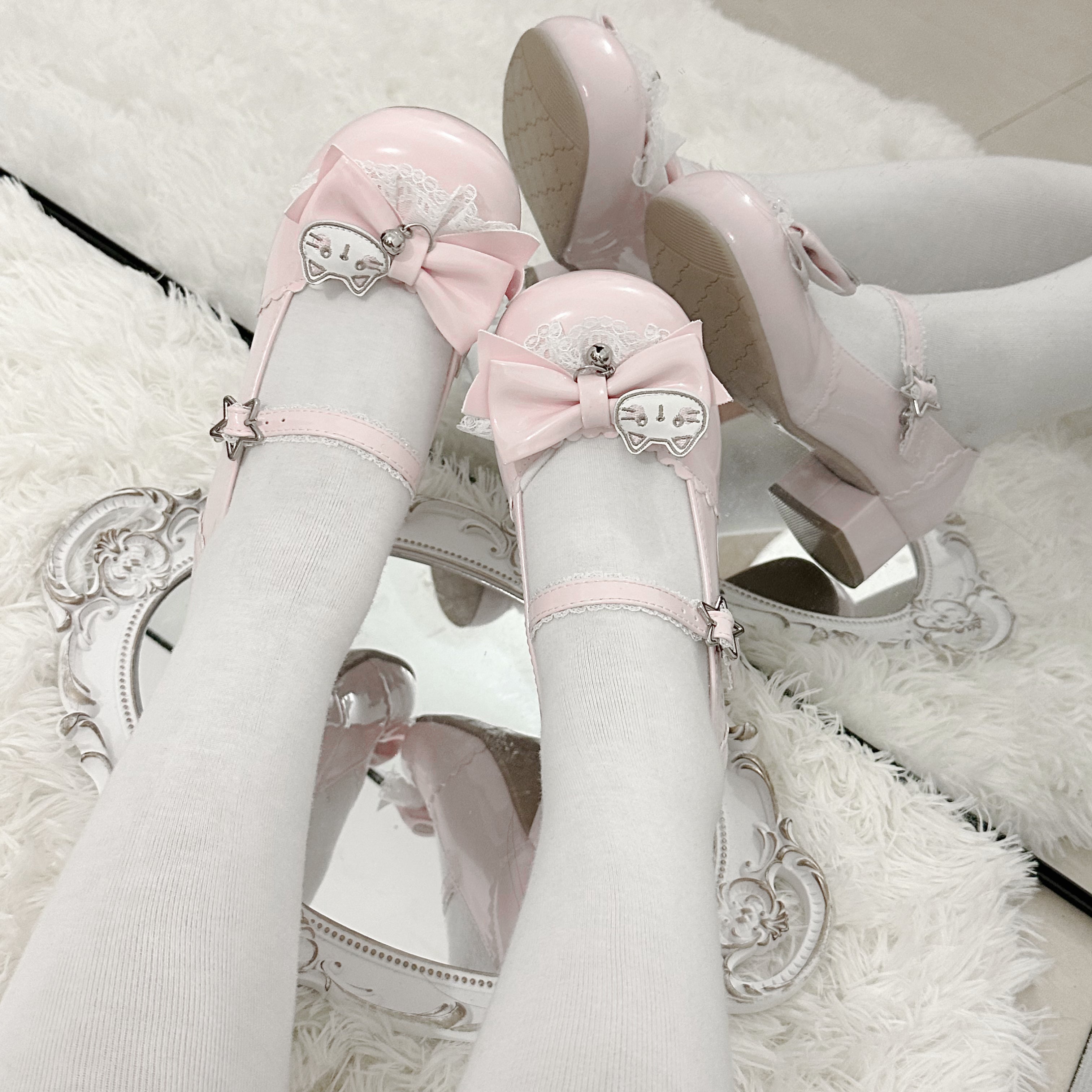 Sweet Lolita Shoes Pale White Black Cat Bow Mary Janes Round Head Lo Shoes