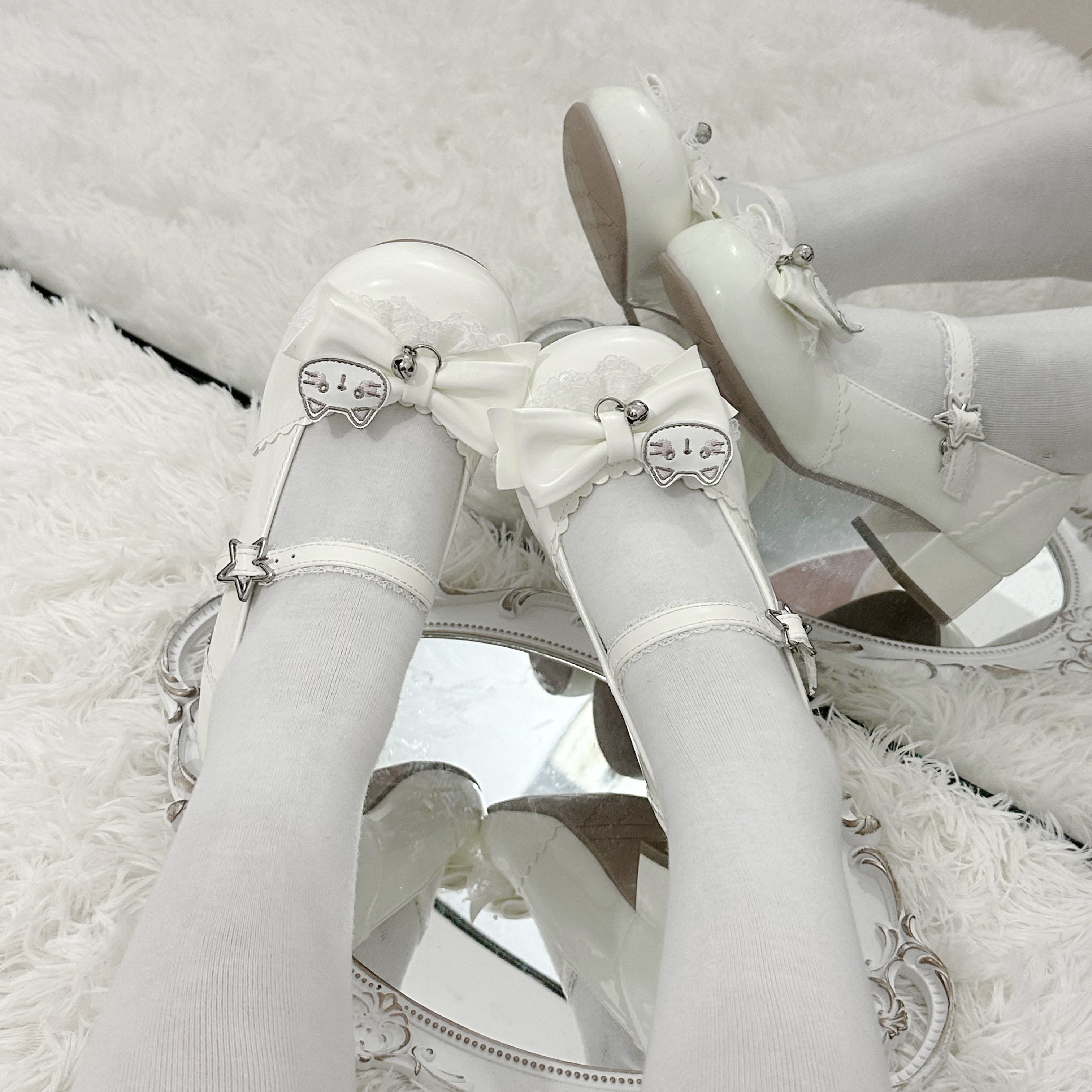 Sweet Lolita Shoes Pale Pink Blue Cat - Bow Mary Janes Round Head Lo Shoes