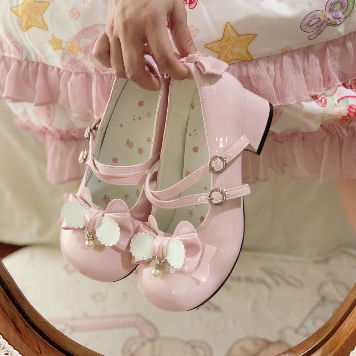 Sweet Lolita Shoes Pink Blue Patent Mary Janes with Embellished Bows 4.5CM Jk Girl