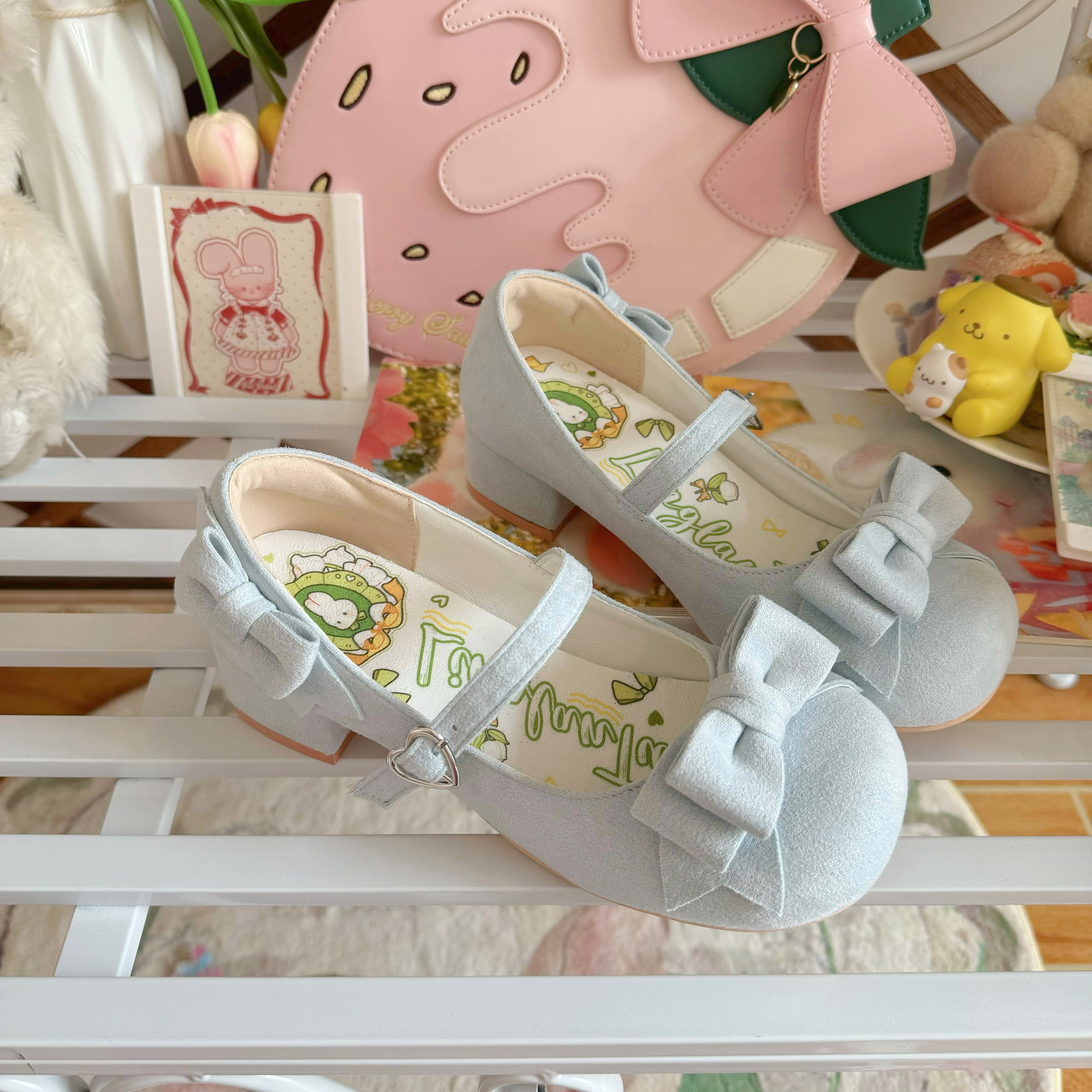 Sweet Lolita Shoes Plush White Black Bow Mary Janes Rabbit Original New Round Head Middle Heel