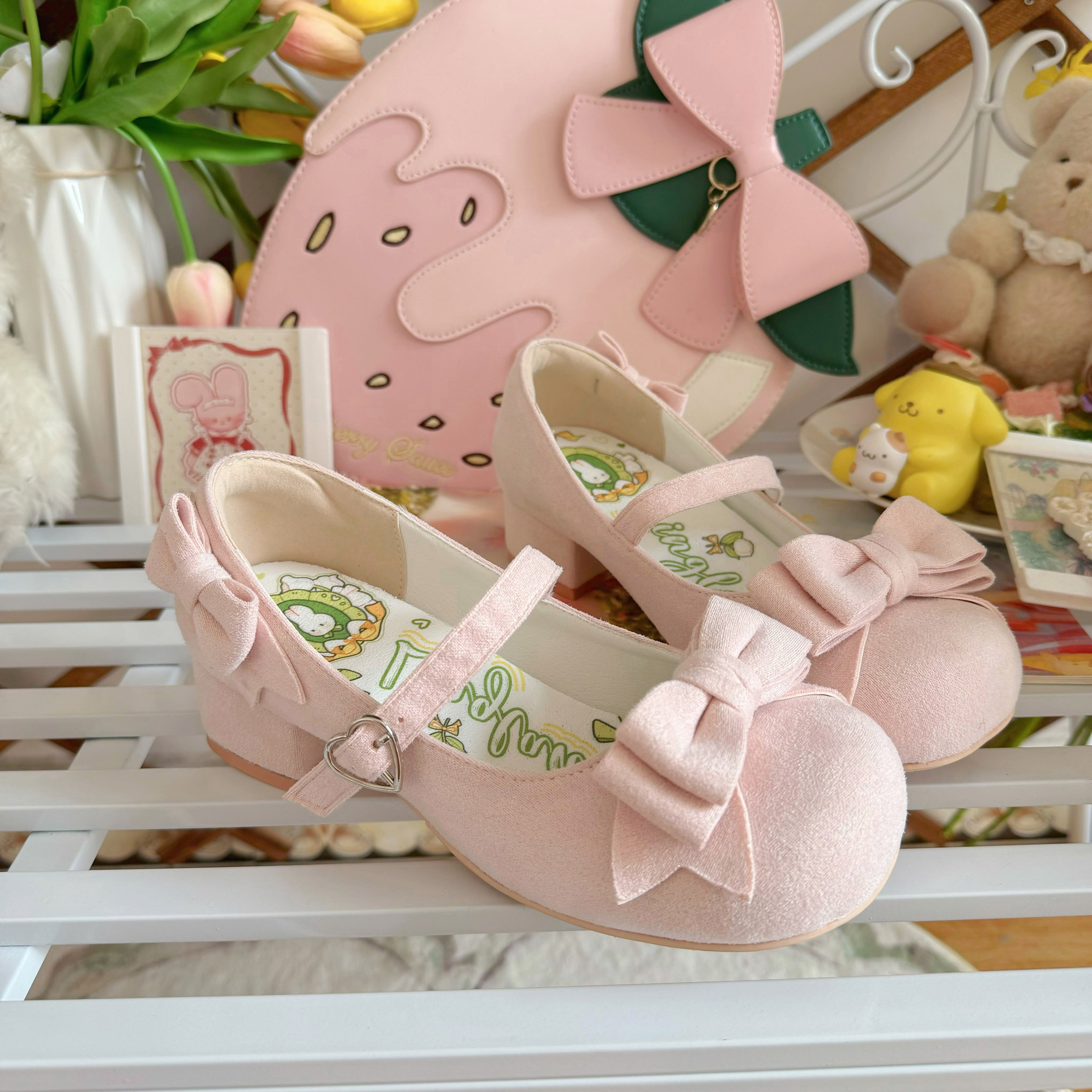 Sweet Lolita Shoes Plush White Black Bow Mary Janes Rabbit Original New Round Head Middle Heel