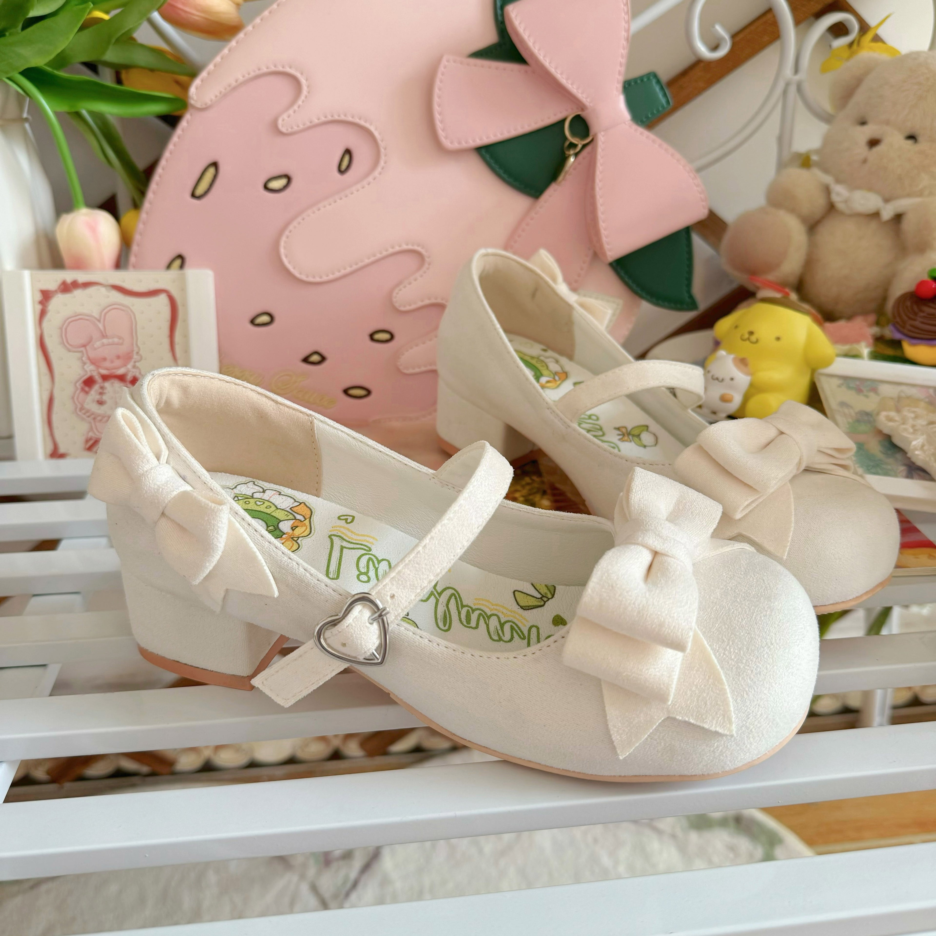 Sweet Lolita Shoes Plush Pink Bow Mary Janes Rabbit Original New Round Head Middle Heel 3.5cm