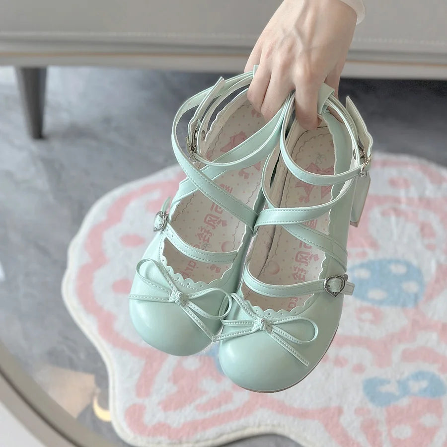 Sweet Lolita Shoes Pink Blue Patent Mary Janes with Embellished Bows 4.5CM Jk Girl