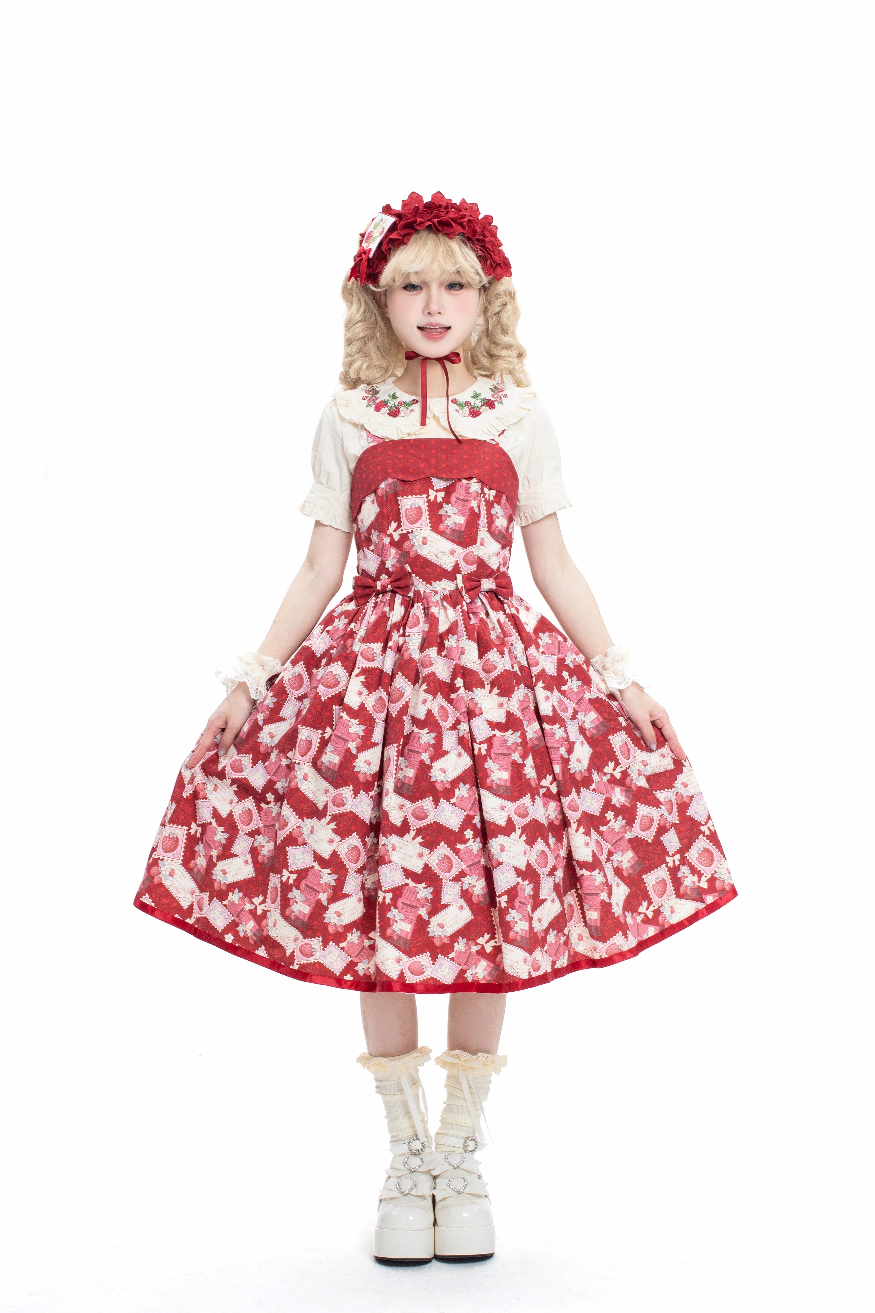 Sweet Lolita Strawberry Witch Burgundy Summer Embroidered Dress Strawberry Print