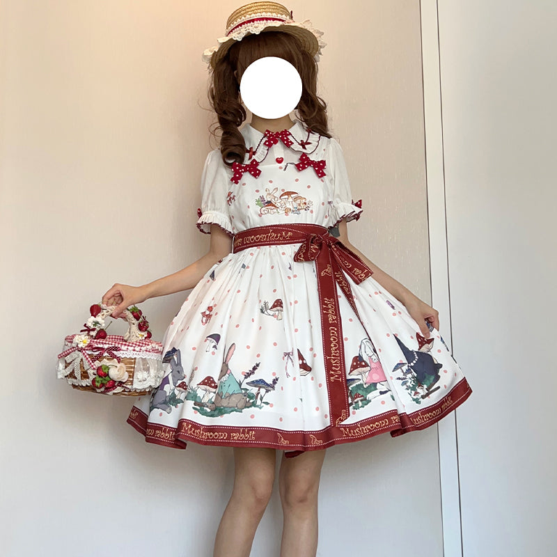 Sweet Lolita White Apricot Idyllic Mushroom Bunny Print Dress Jumper Skirt