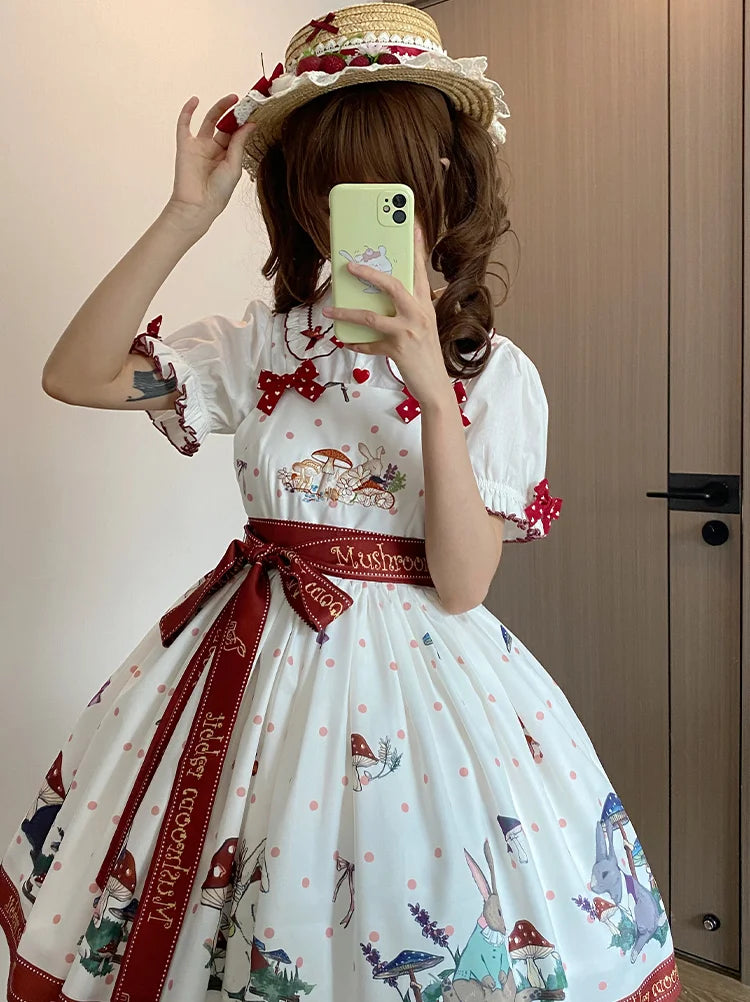 Sweet Lolita White Apricot Idyllic Mushroom Bunny Print Dress Jumper Skirt