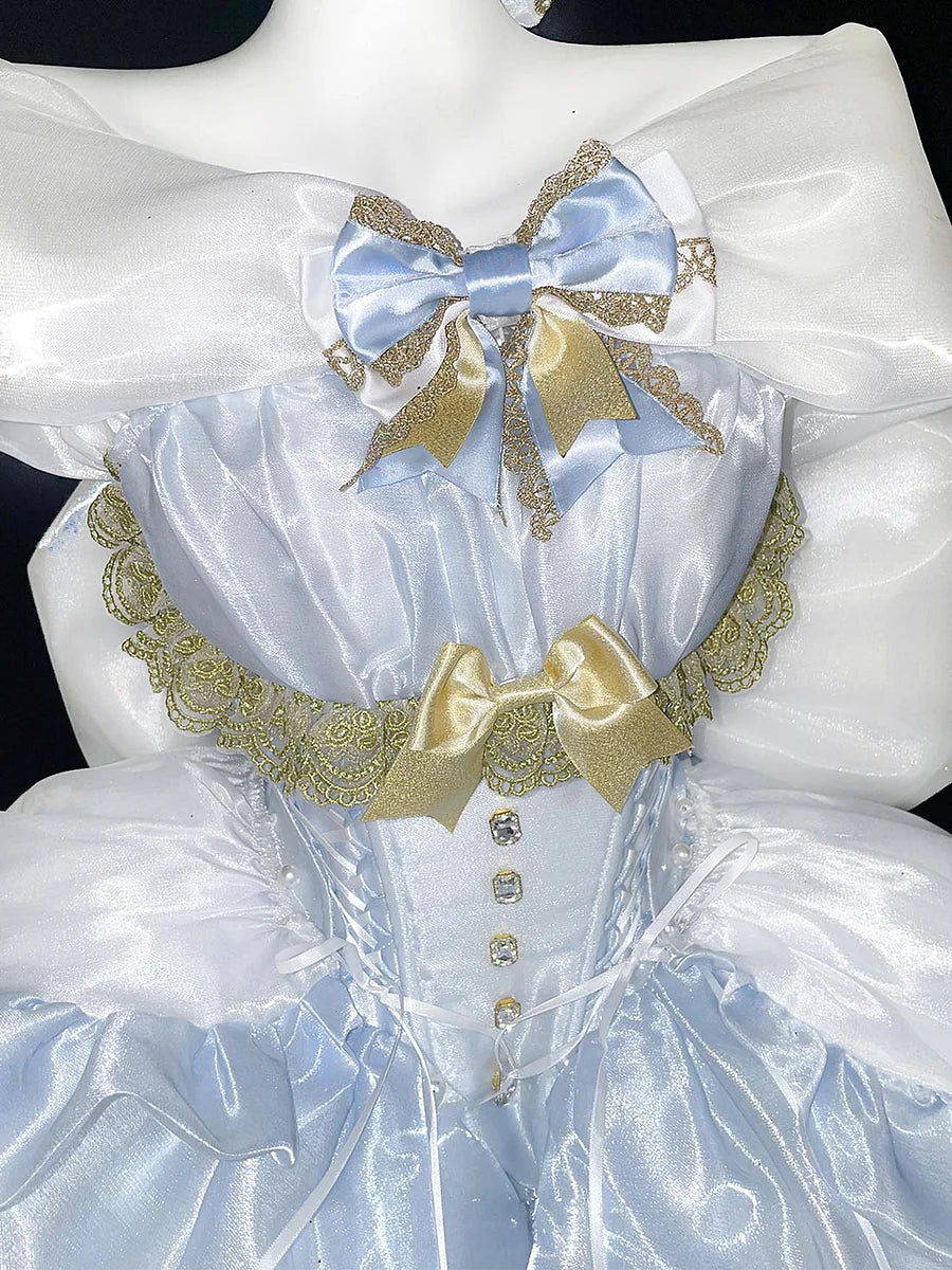 Hime Lolita White Blue Birthday Ballet Gown Princess Cake Dress Charm Angel Swan Moonlight