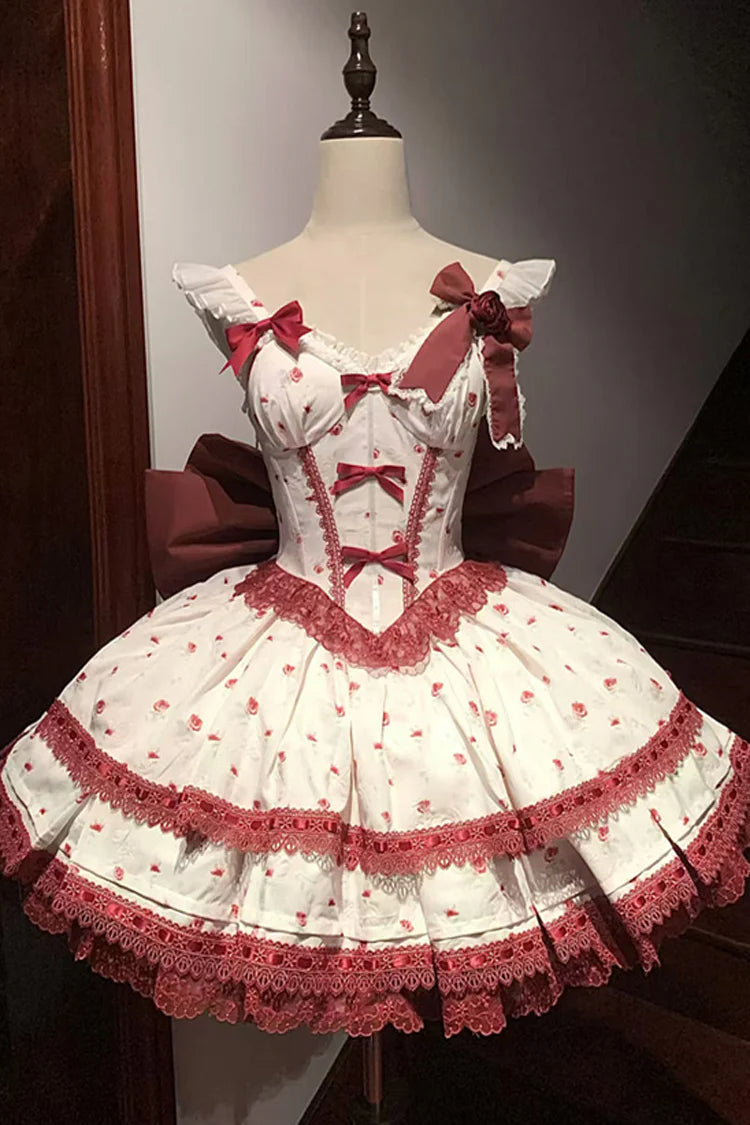 This Wine Red Sweet Lolita JSK Dress Set is designed to capture both elegance and charm. Featuring multi-layered ruffles, delicate lace, and playful bowknot details, it creates a full, romantic silhouette. The rich wine red tone brings a vintage yet refined atmosphere, while the printed accents add a touch of storytelling beauty. Perfect for tea parties, photoshoots, or festive occasions, this dress set embodies the timeless allure of classic Lolita style.