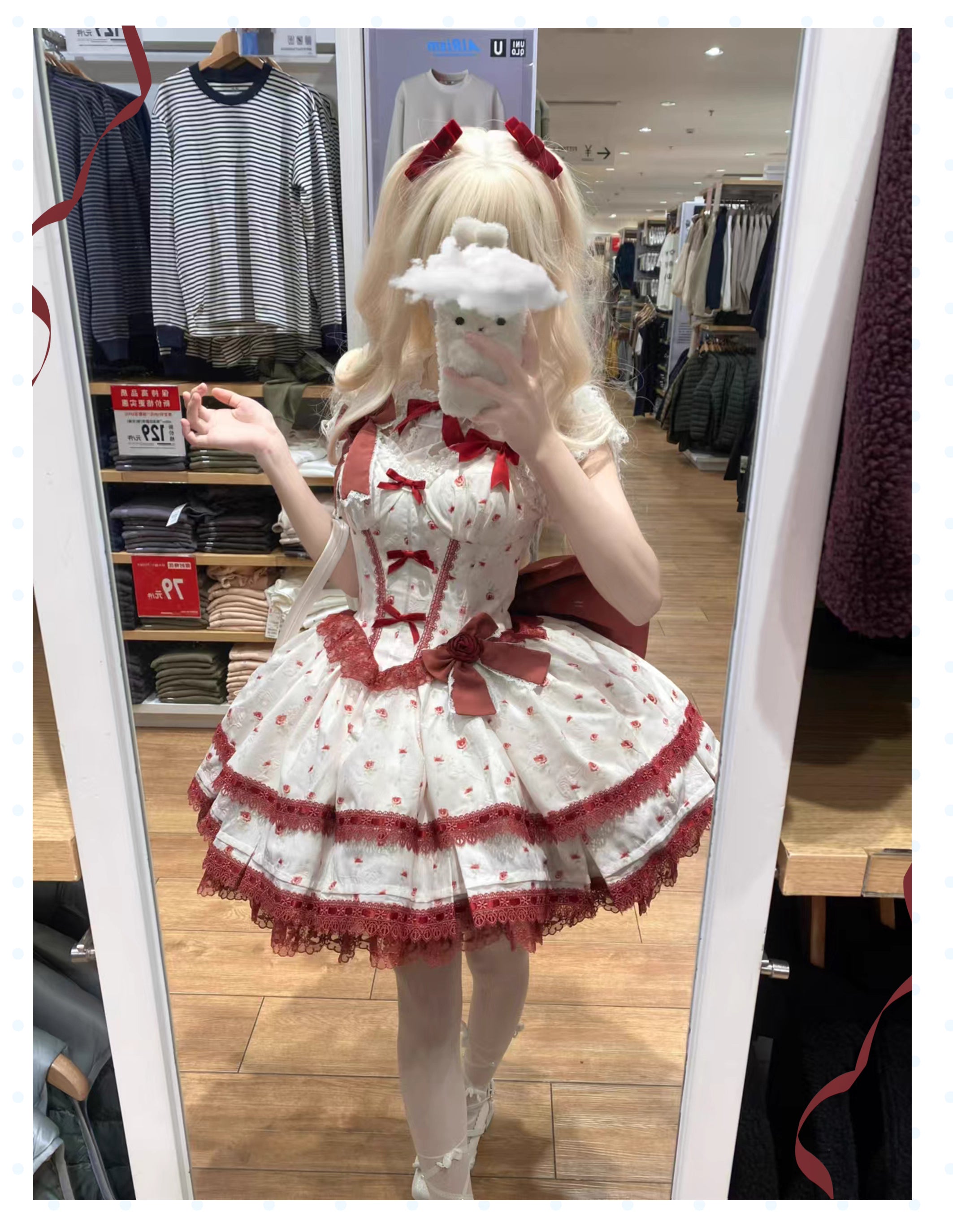 This Wine Red Sweet Lolita JSK Dress Set is designed to capture both elegance and charm. Featuring multi-layered ruffles, delicate lace, and playful bowknot details, it creates a full, romantic silhouette. The rich wine red tone brings a vintage yet refined atmosphere, while the printed accents add a touch of storytelling beauty. Perfect for tea parties, photoshoots, or festive occasions, this dress set embodies the timeless allure of classic Lolita style.