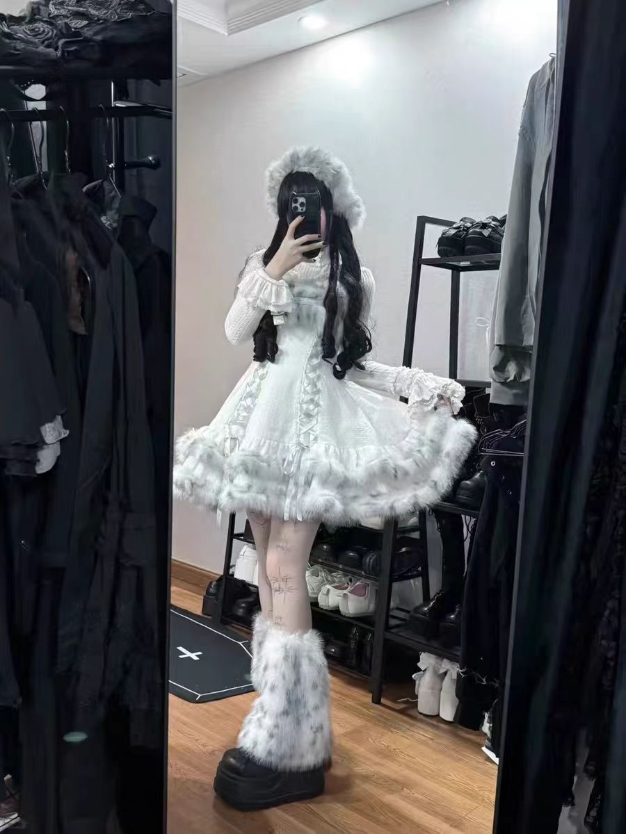 Sweet Lolita Winter Outfit Fluffy Warm Coat with Puffy Dress Skirt