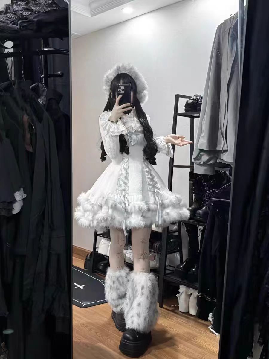 Sweet Lolita Winter Outfit Fluffy Warm Coat with Puffy Dress Skirt