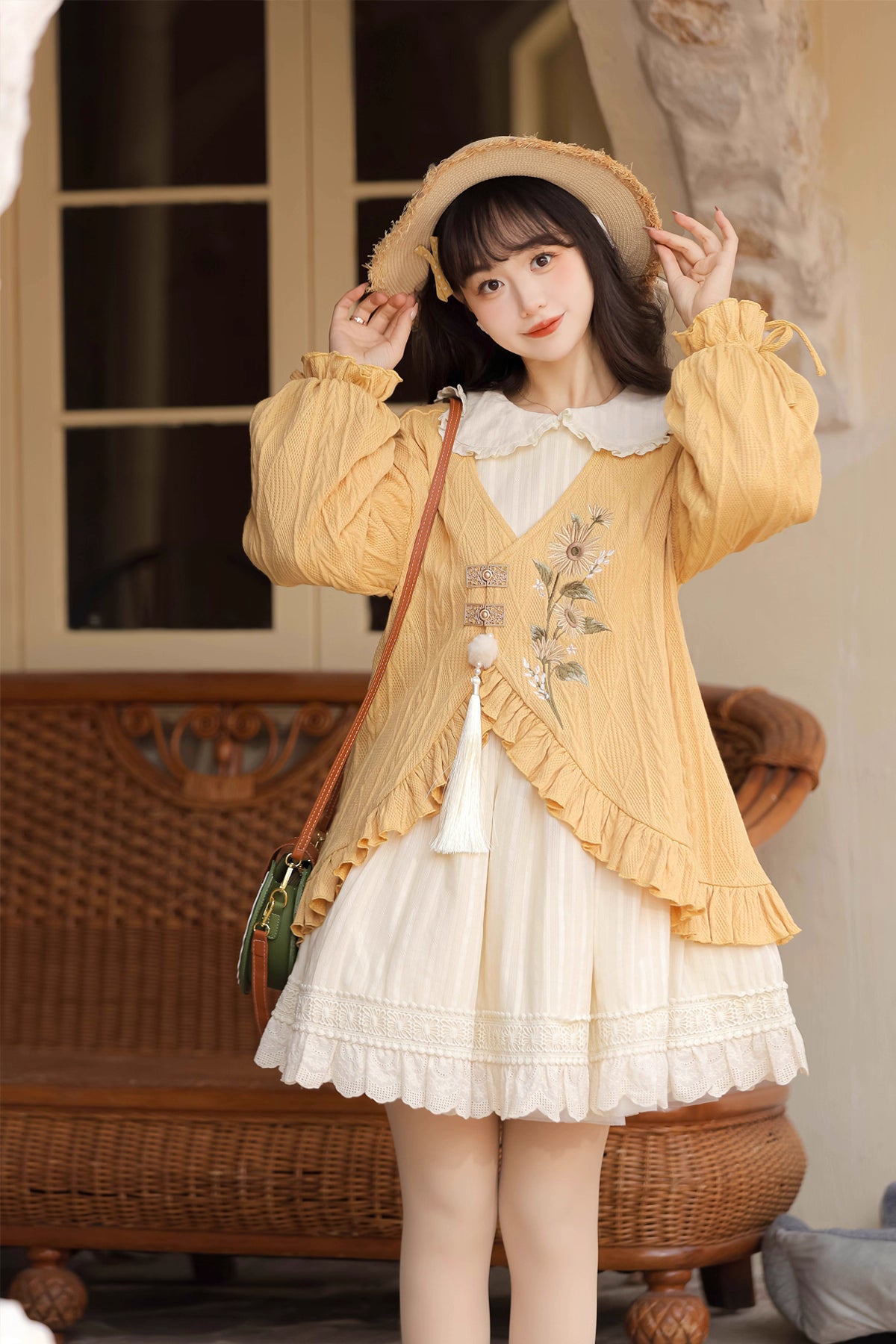 This Yellow Sweet Lolita Dress Set combines warmth, comfort, and playful charm. Featuring vibrant sunflower embroidery, it brings a cheerful, pastoral touch to the classic Lolita silhouette. The long-sleeve coat adds layering and coziness, perfectly complementing the JSK dress beneath. Ideal for tea parties, seasonal outings, or casual gatherings, this set captures a bright and youthful Lolita aesthetic, blending sweet elegance with a touch of countryside charm.