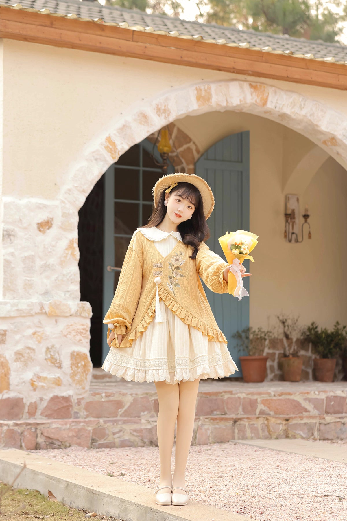 This Yellow Sweet Lolita Dress Set combines warmth, comfort, and playful charm. Featuring vibrant sunflower embroidery, it brings a cheerful, pastoral touch to the classic Lolita silhouette. The long-sleeve coat adds layering and coziness, perfectly complementing the JSK dress beneath. Ideal for tea parties, seasonal outings, or casual gatherings, this set captures a bright and youthful Lolita aesthetic, blending sweet elegance with a touch of countryside charm.