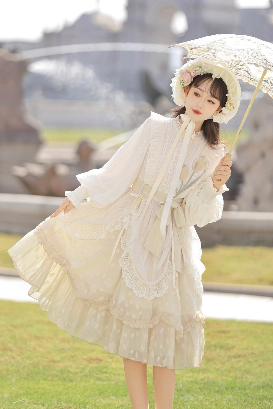 Sweet Lolita Yellow Tulip Dress Classic Lace Elegant Long Sleeve Dress OP