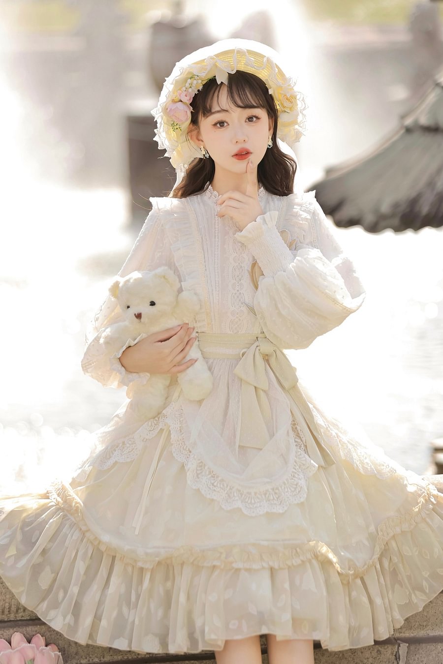 Sweet Lolita Yellow Tulip Dress Classic Lace Elegant Long Sleeve Dress OP