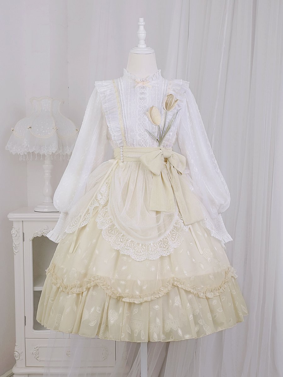 Sweet Lolita Yellow Tulip Dress Classic Lace Elegant Long Sleeve Dress OP