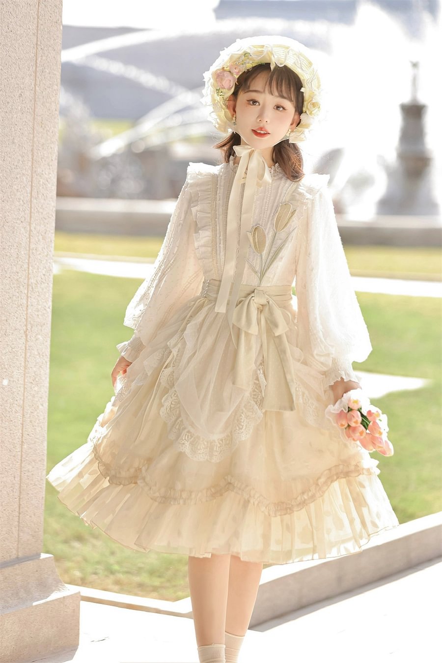 Sweet Lolita Yellow Tulip Dress Classic Lace Elegant Long Sleeve Dress OP