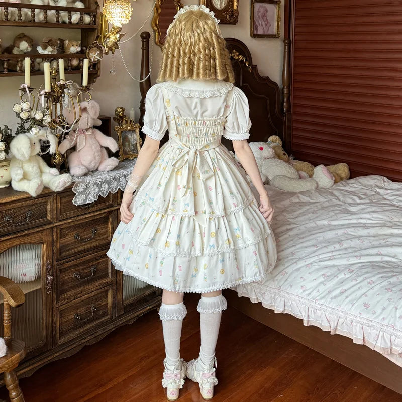 Sweet Lolita with Bow Cake Dress White Green Pink Charming Jumper Skirt