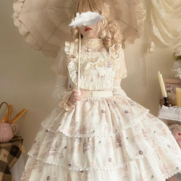 Sweet Printing Lace Bow Lolita Dress Plus Size Short Sleeved Cute Princess Dress Chiffon