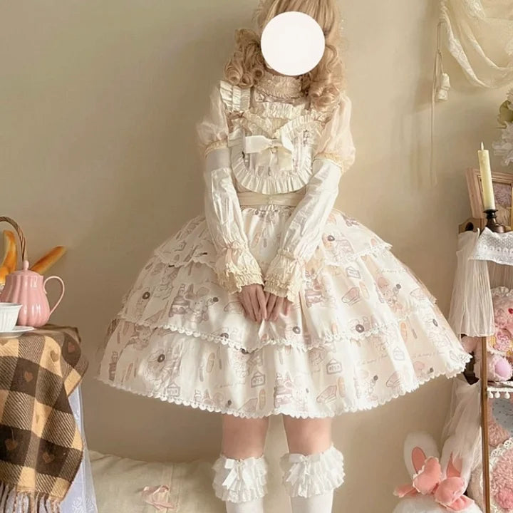 Sweet Printing Lace Bow Lolita Dress Plus Size Short Sleeved Cute Princess Dress Chiffon