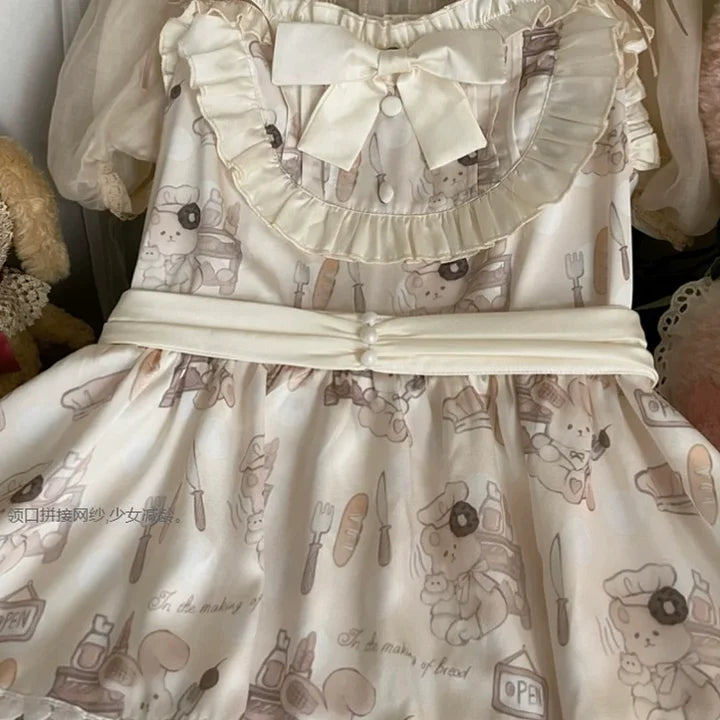 Sweet Printing Lace Bow Lolita Dress Plus Size Short Sleeved Cute Princess Dress Chiffon